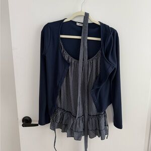 Navy Cardigan and Checkered Top Set